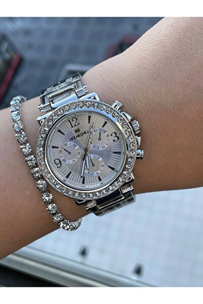 holmes hill ساعة يد معدنية فضية اللون وأحجار مع سوار هدية