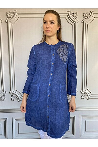 NUR TEKSTİL kadın lacivert %100 Pamuk Şile Bezi ve Taş işlemeli  yıkama gömle...