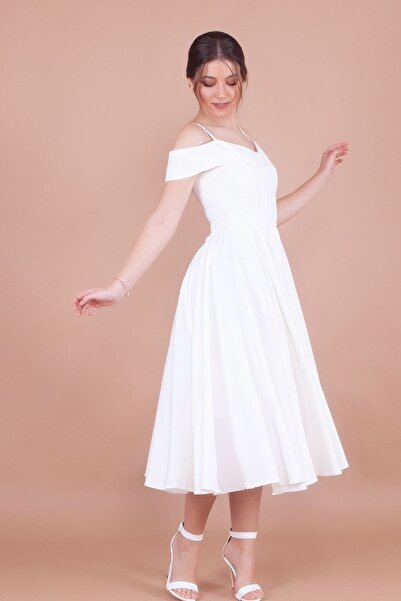 lovebox Γυναικείο εύκαμπτο ύφασμα Atlas με χαμηλό ώμο με λεπτομέρεια πλισέ λουράκι μίντι μήκους λευκό φόρεμα 342