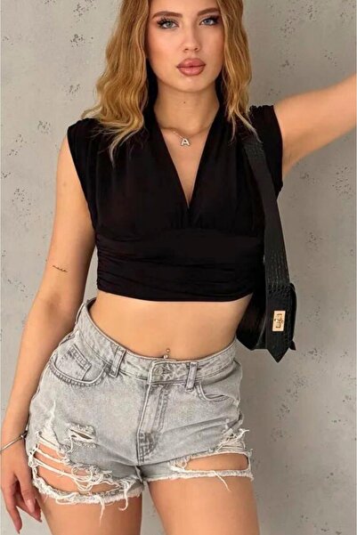 Modarky Țesătură Black Sandy - Bluză crop tricotată cu decolteu în V adânc și...