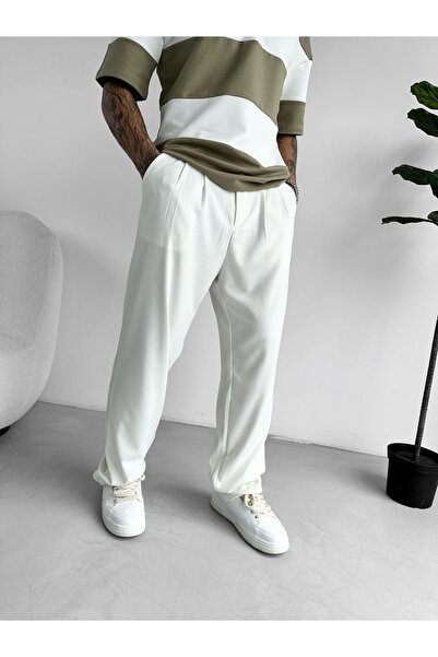 XPUPPET Ecru Pleated Detailed Fabric Baggy Trousers