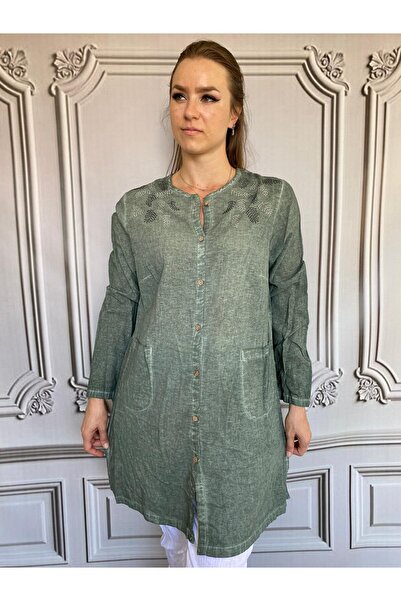 NUR TEKSTİL kadın haki %100 Pamuk Şile Bezi ve Taş işlemeli  yıkama gömlek   tunik