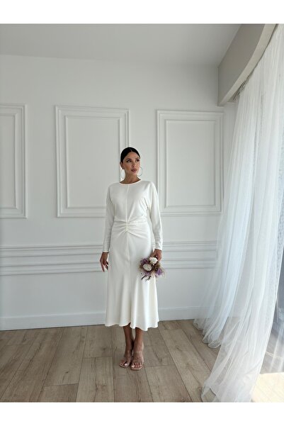 Bettnes KUĞU BEYAZ DRAPELİ UZUN ELBİSE