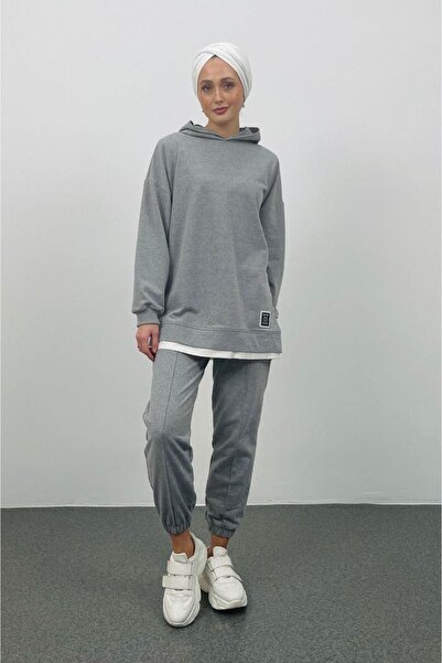 Basicpark Text Hooded Basic Oversize Gray Bottom Top Tracksuit Set