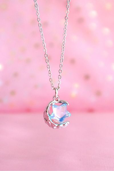 EFBUTİK Moon Holographic Star Patterned Imported Necklace with Silver Chain