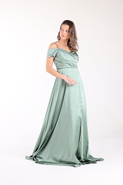ALİS DRESS Firuze Göğüs Işlemeli Düşük Omuz Saten Abiye