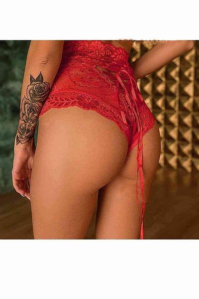 bayansepeti Stretchy Lace High Waist Red Brazilian String with Back Lace Detail