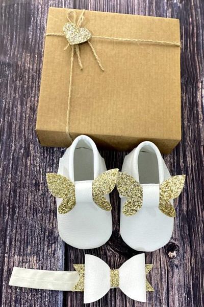 Meduza Baby Baby Moccasin White Front Gold Butterfly And Hair Bandana