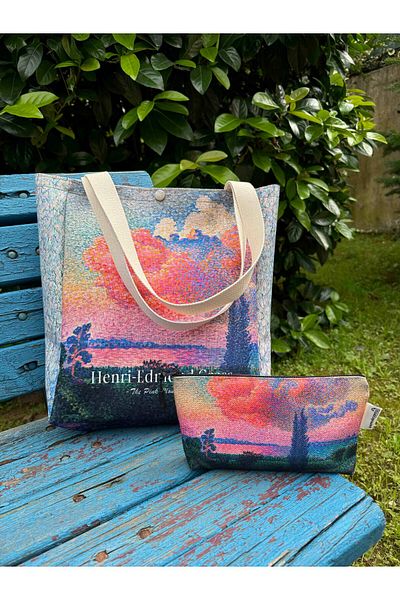 pamukcanta Henri Edmond Cross - Washable Metal Pocket Canvas Tote Bag and Makeup Bag (Set of 2)
