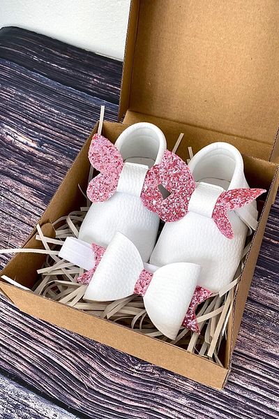Meduza Baby White Pink Butterfly Baby Moccasin And Headband