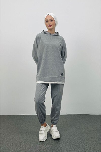 Basicpark Text Hooded Basic Oversize Gray Bottom Top Tracksuit Set
