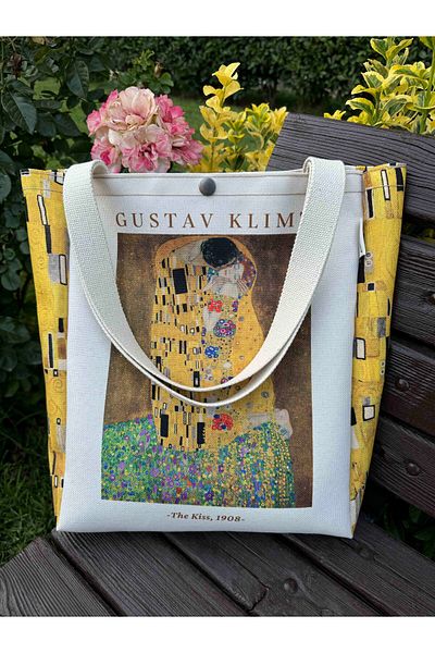 pamukcanta Gustav Klimt Washable Canvas Bag with Metal Snaps - Pocket