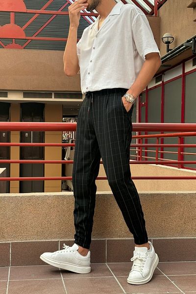 inpool Men's Plaid Patterned Flexible Jogger Pants - Waist Lace-up, Pleat Detailed 24INP199K