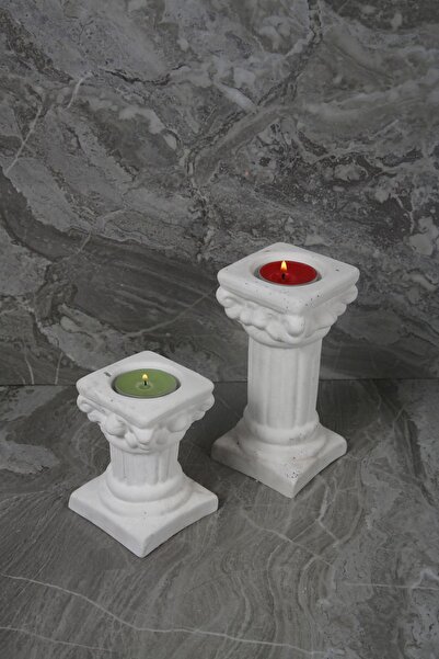 betonmall Dekoratif Antik Roma Sütun Şeklinde Beton Tealight Mumluk Set 2 Parça