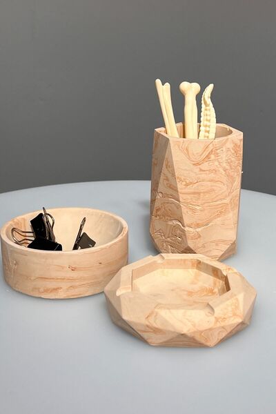 betonmall طقم مكتب حامل قلم خرساني منقوش بالرخام مكون من 3 قطع منظم منفضة سجائر