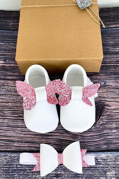 Meduza Baby White Pink Butterfly Baby Moccasin And Headband