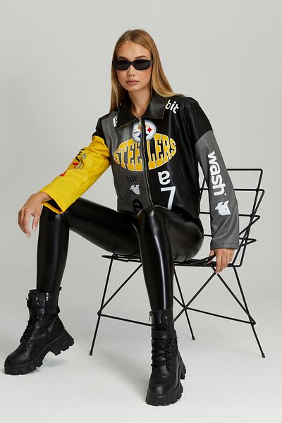 Black Level Colorful Printed Oversize Women's Racer Coat - Zippered College Jacket