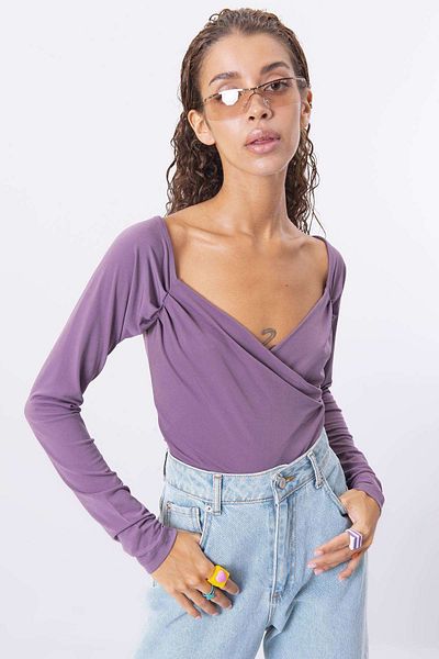 Modark Long Sleeve Sandy Purple Double Breasted Detail Bodysuit Blouse
