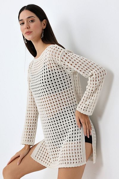 Devinka Beige Color Oversize Openwork Women's Summer Dress