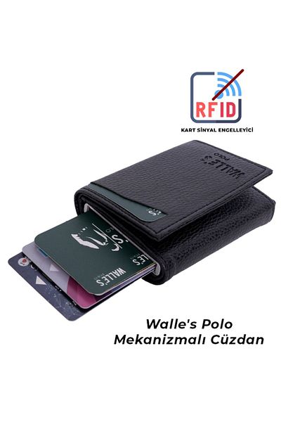 Walle's Polo Portofel unisex pentru monede și carduri, cu mecanism automat, protejat prin RFID, din piele închisă