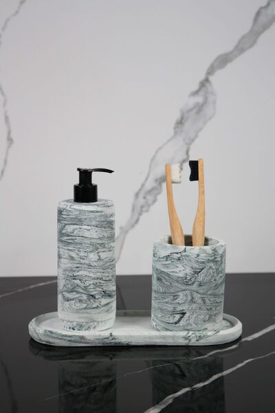betonmall Set de baie din beton cu model de marmură, 3 bucăți, dozator de săpun lichid, suport pentru periuță de dinți, tavă de prezentare