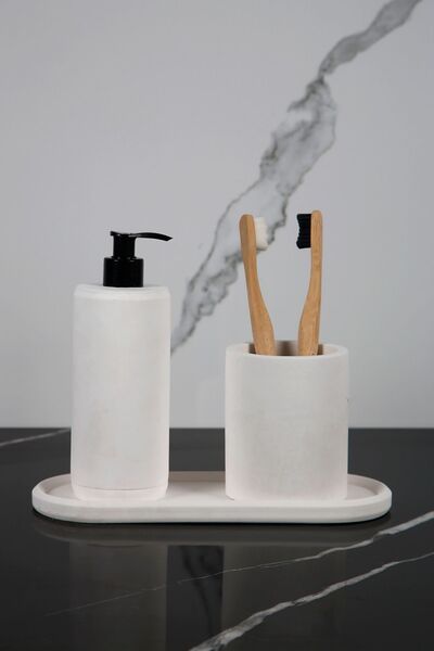 betonmall Set de baie din beton cu model de marmură, 3 bucăți, dozator de săpun lichid, suport pentru periuță de dinți, tavă de prezentare