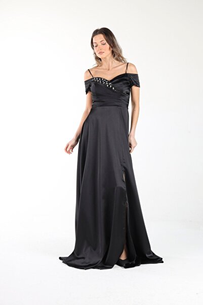 ALİS DRESS Siyah Göğüs Işlemeli Düşük Omuz Saten Abiye