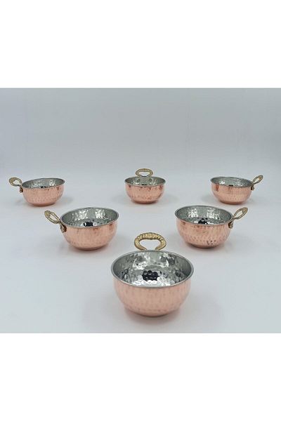 KAYSERİ BAKIRCILIK Copper Snack Bowl, Breakfast Plate with Deep Handles Set of 6 Red