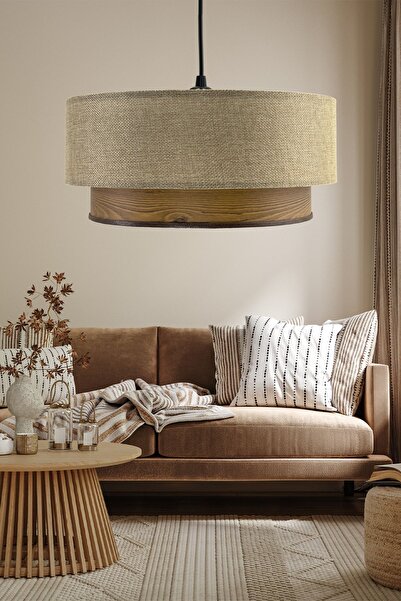 Vivido Home Lina Üçlü Avize & Abajur Seti, Kum Beji-ahşap Desen