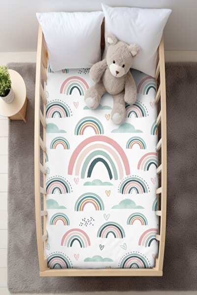 dekomingo طقم سرير أطفال باللون الأزرق الوردي بألوان قوس قزح مقاس 100 × 150 (...