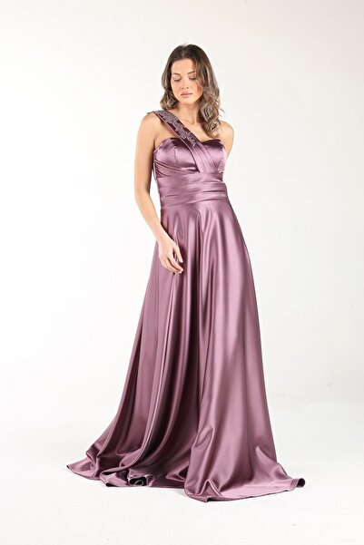 ALİS DRESS Lavanta Tek Omuz Işlemeli Saten Abiye