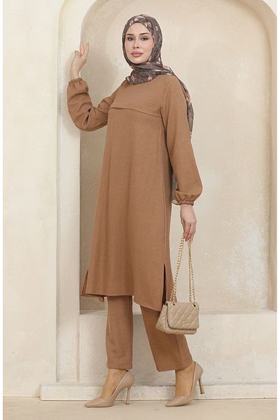 sefamerve 1005-08 Milk Coffee Tunic and Trousers Set - Elastic Sleeve