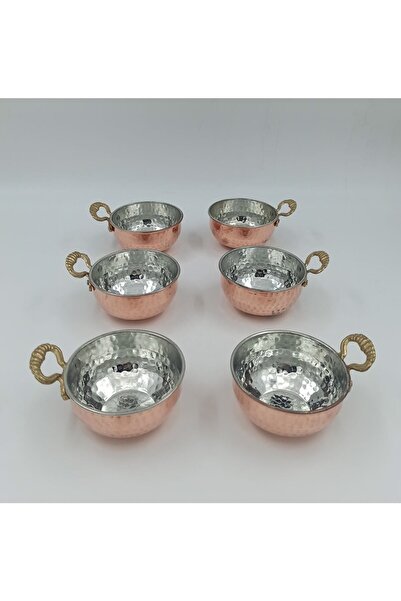 KAYSERİ BAKIRCILIK Bakır Çerezlik, Kahvaltılık Tabak Derin Kulplu 6’lı Takım Kırmızı