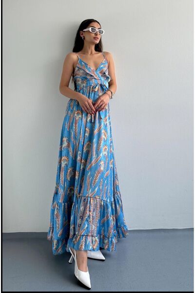 laughs Rochie lungă din satin cu decolteu în V - Mască elegantă cu bretele, detaliu de legare și imprimeu cu volan