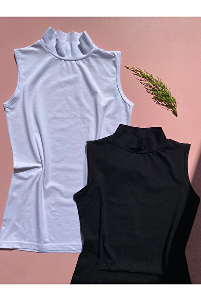 MODALİNOSA Cotton Lycra Turtleneck Zero Sleeve 2-Piece Black and White Women'...