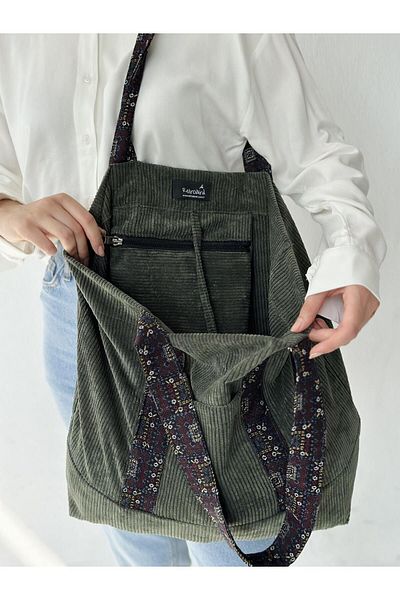 Retrobird Design Velvet Tote Bag Shopping Bag Women Khaki