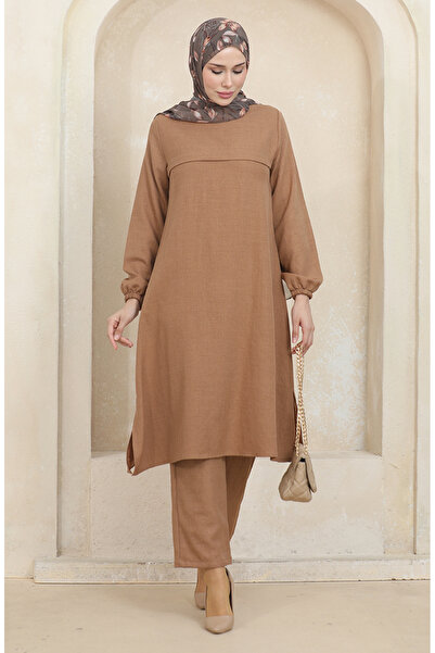 sefamerve 1005-08 Milk Coffee Tunic and Trousers Set - Elastic Sleeve