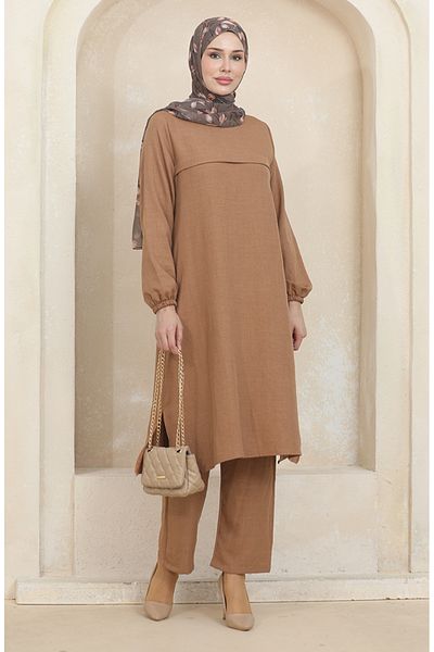 sefamerve 1005-08 Milk Coffee Tunic and Trousers Set - Elastic Sleeve