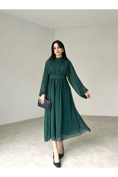 Afiş Butik Μακρυμάνικο μίντι φόρεμα πράσινο σιφόν