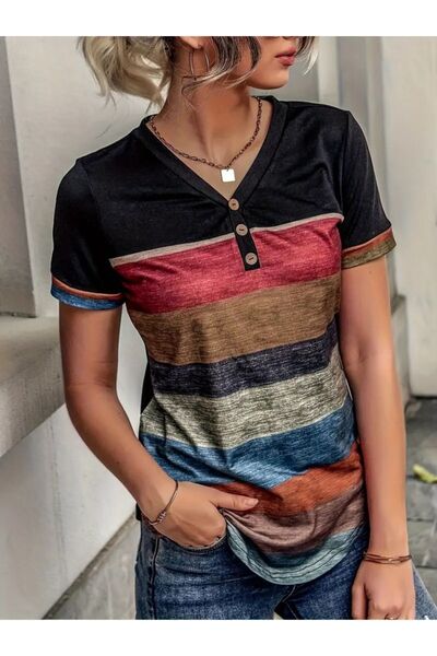 modaserdem Single Jersey Fabric V-Neck Women's Blouse - Short Sleeve