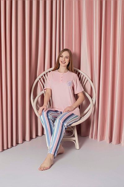 AHENGİM sinGle Jersey Cotton Pajama set for Women - short sleeve, Lower stripes and Chest Embroidery W 20722328