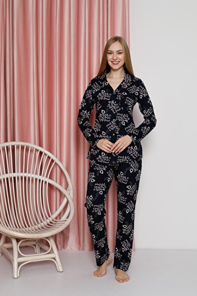 AHENGİM Kadın Pijama Takımı Süprem Uzun Kollu Boydan Düğmeli Diamond Yazılı Pamuklu Mevsimlik