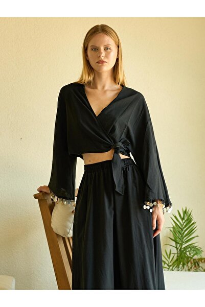 Juste Studio Black Linen Kimono - Sleeve Detailed