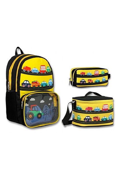ÜMİT ÇANTA Cennec Yellow Black Vehicles Primary School Backpack Set with Transparent Compartments - Boy