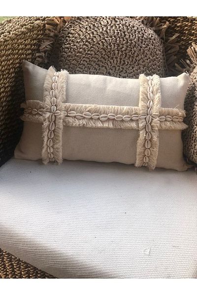 sevaradekor Linen Sea Shell Embroidered Tasseled Bohemian Cream Handmade Pillow Cushion Cover Summer Collection Solo