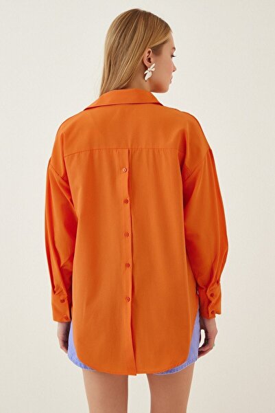 laughs Women's Buttoned Back Orange Oversize Loose Shirt Gm6000