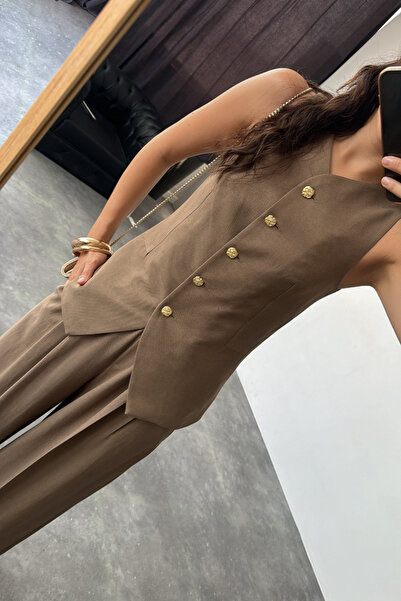 LOOSH Kadın Kahverengi Gold Düğme Detaylı Keten Astarlı Yelek