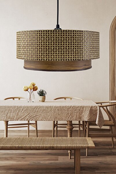 Vivido Home Lina Üçlü Avize & Abajur Seti, Hasır Kahve-Ahşap Desen