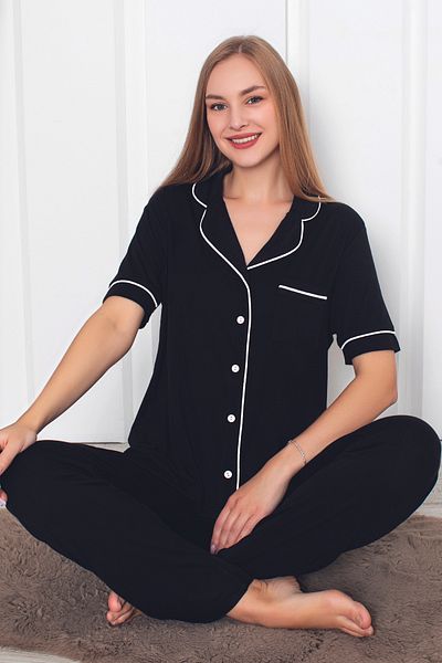 ZMT Collection Set de pijamale alb-negru pentru femei - cu buzunare, lycra, mâneci scurte și nasturi în față