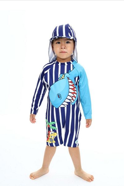 PODİUM GİYİM NEW SEASON CUTE STRIPED DRAGON UV PROTECTED LONG SLEEVE ZIPPERED HAT BABY-KIDS SWIMSUIT SET
